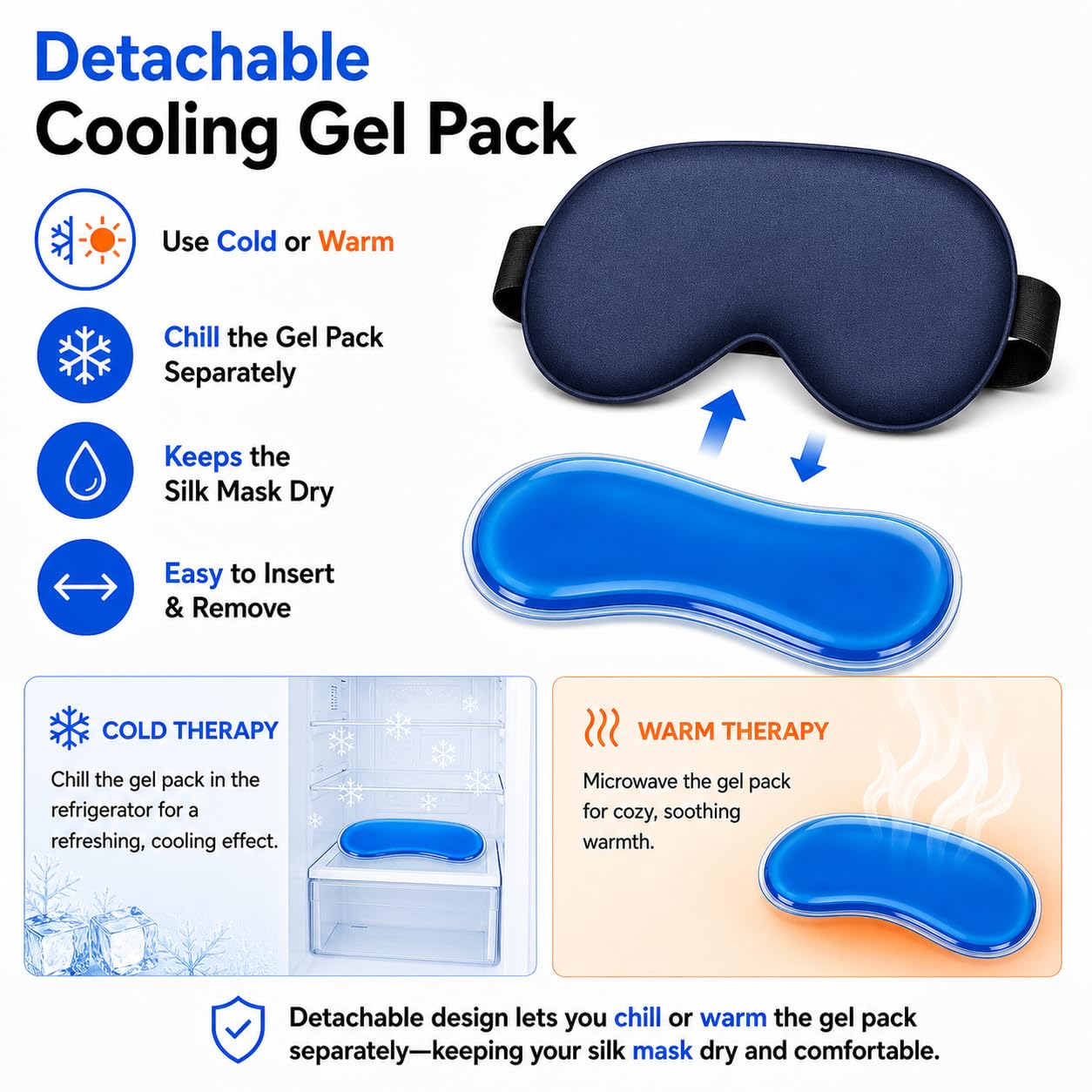 Silk Sleep Mask with Cooling Gel | Pure Mulberry Silk, Adjustable Strap, Superior Light Blocking, Includes Removable Ice Pack & Earplugs