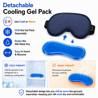 Silk Sleep Mask with Cooling Gel | Pure Mulberry Silk, Adjustable Strap, Superior Light Blocking, Includes Removable Ice Pack & Earplugs