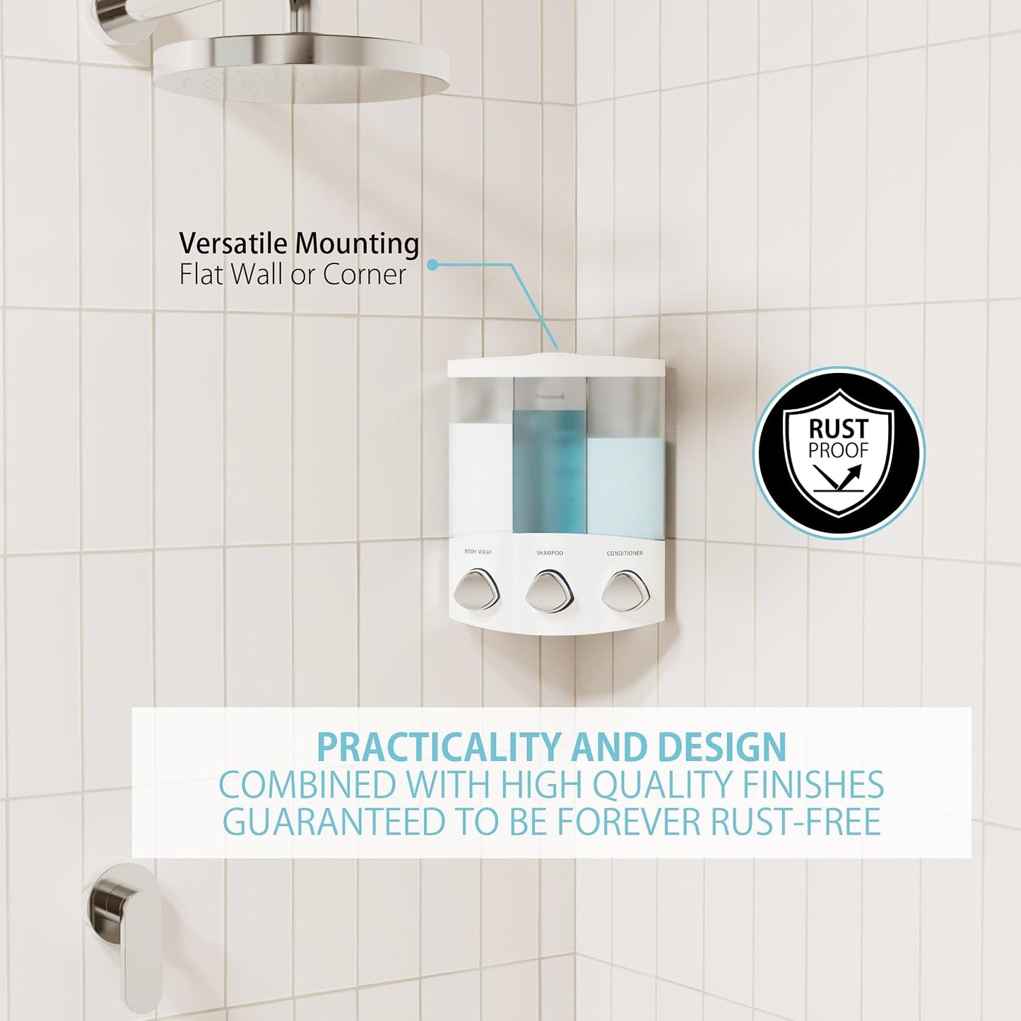Better Living Products, White 76354 Euro Series TRIO 3-Chamber Soap and Shower Dispenser