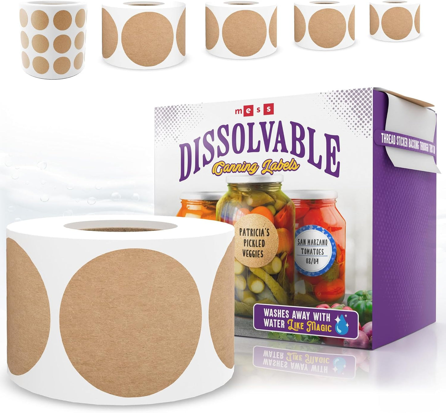 Dissolvable Canning Labels 0.5in Round, Removable Kraft Mason Jar Stickers | Water soluble, no residue, write on with pen, 200 per pack, jam, preserves, pantry, freezer, spice bottles, food storage
