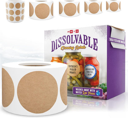 Dissolvable Canning Labels 0.5in Round, Removable Kraft Mason Jar Stickers | Water soluble, no residue, write on with pen, 200 per pack, jam, preserves, pantry, freezer, spice bottles, food storage