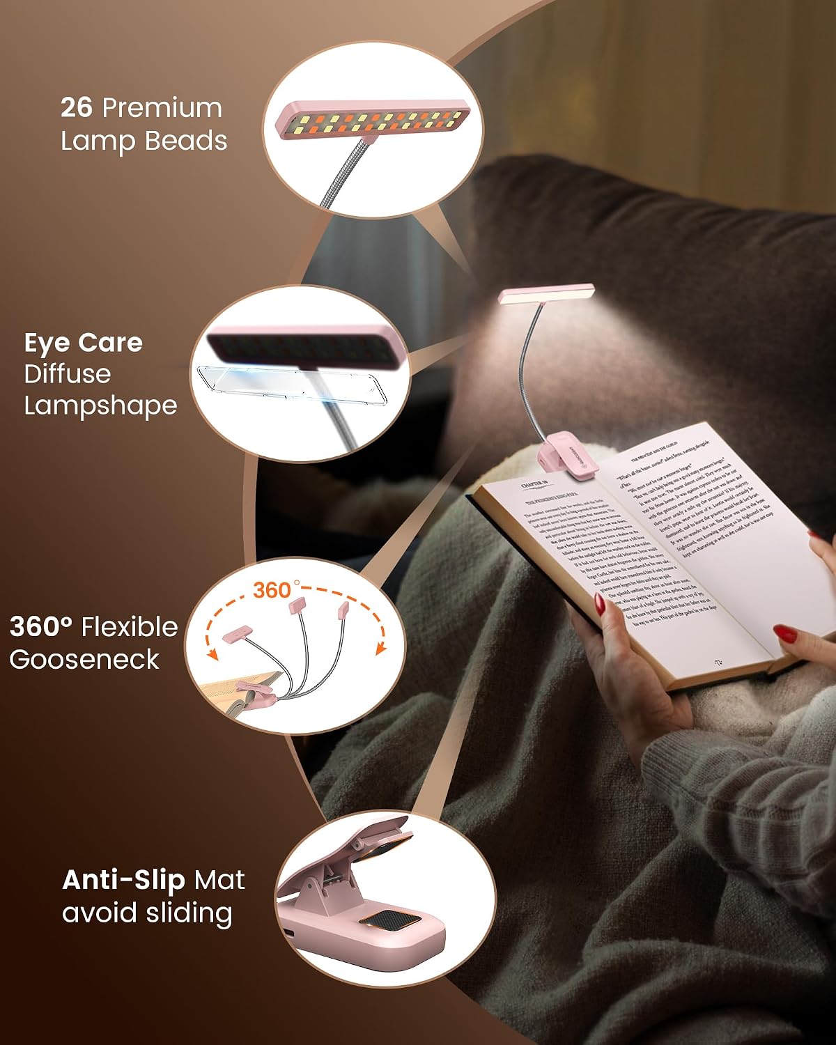Glocusent 26 LED Reading Lights for Books in Bed, Ideal Gifts for Reader | Rechargeable Book Light, Eye Caring 5 Amber Colors Stepless Dimming, Travel Lightweight Clip-on, Book Lovers Men Women Kids