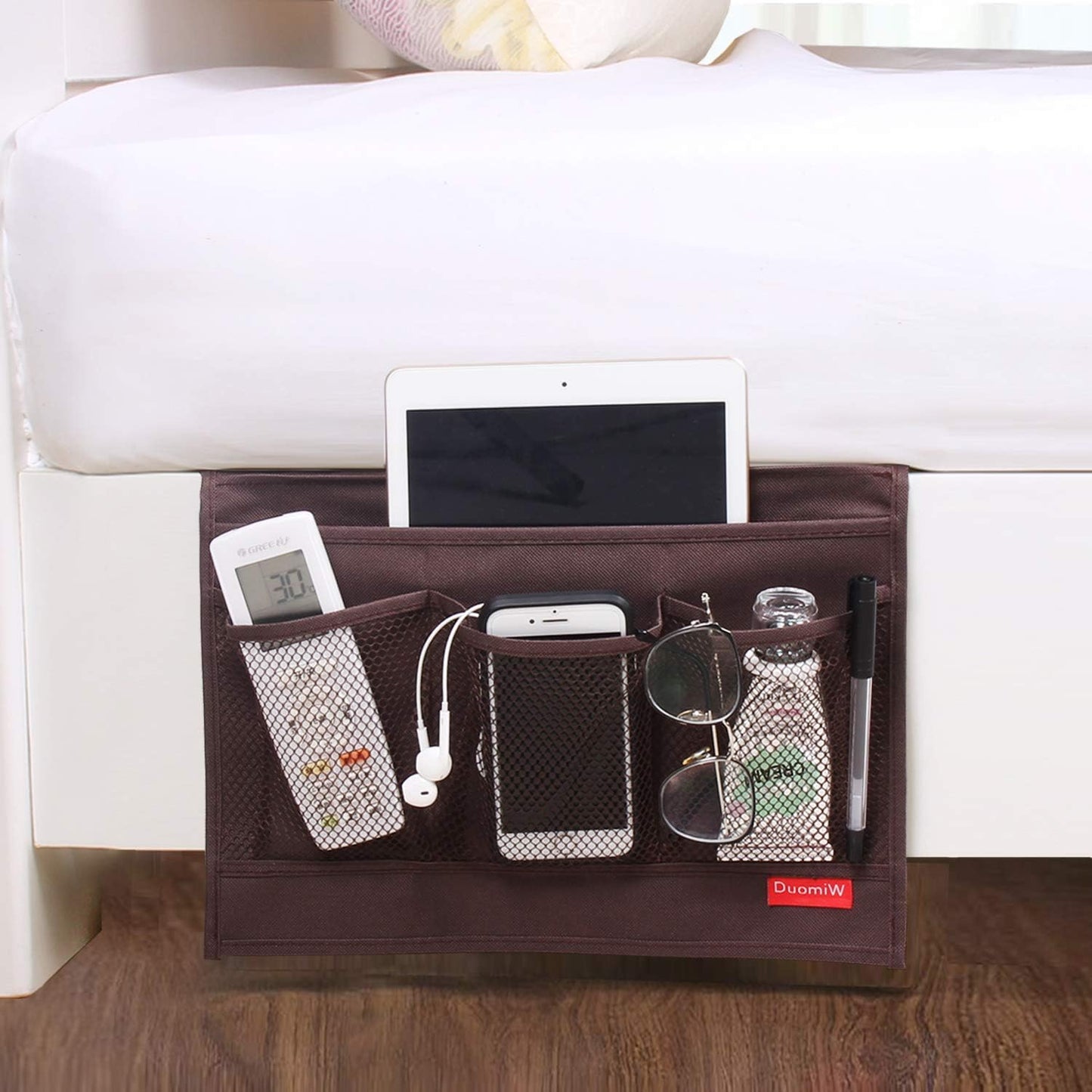 Bedside Storage Organizer, Bedside Caddy, Table Cabinet Storage Organizer, TV Remote Control, Phones, Magazines, Tablets, Accessories, Grey