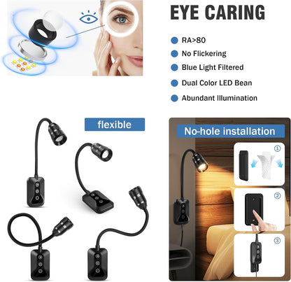 Wall Mounted LED Reading Light for Bed Headboard - 5 Color & Brightness Levels Dimmable Book Light with Touch/Wave Control, USB Output - Night Reading Lamp for Books in Bed