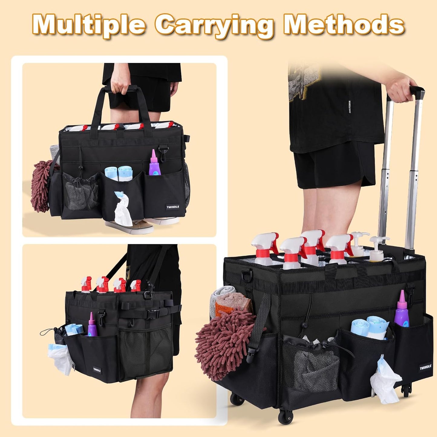 Extra Large Cleaning Caddy Bag with Built-In Support Board, Cleaning Tote Organizer with Removable Divider, Supply Carryall with Adjustable Shoulder Strap and Waist Belt for Cleaners & Housekeeper