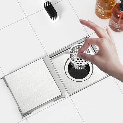 Neodrain 4" Brushed Square Shower Drain with Removable Tile Insert Grate | 304 Stainless Steel Tile Square Drain, Hidden Drain,Easy to Clean, Waterproof & Sturdy Shower Drain, CUPC Certified