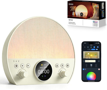 NEEWER NF03 Sunrise Alarm Clock Smart Wake Up Light, AI App Control, Timer | RGB IC W 2700K-6500K Night Reading Lamp, White Noise Sound Machine, Bluetooth Speaker, Compatible with Google Assistant Alexa