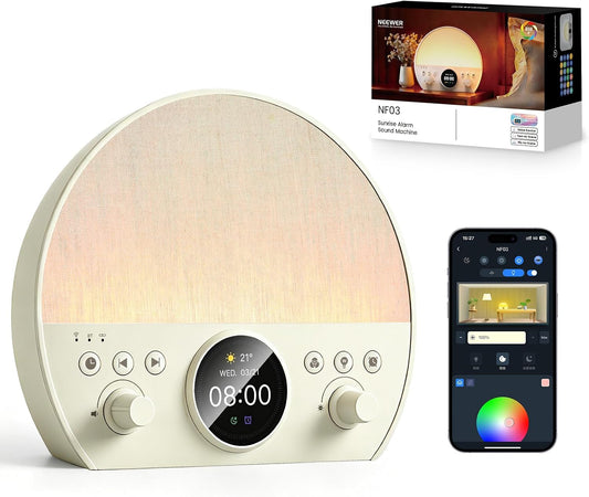 NEEWER NF03 Sunrise Alarm Clock Smart Wake Up Light, AI App Control, Timer | RGB IC W 2700K-6500K Night Reading Lamp, White Noise Sound Machine, Bluetooth Speaker, Compatible with Google Assistant Alexa