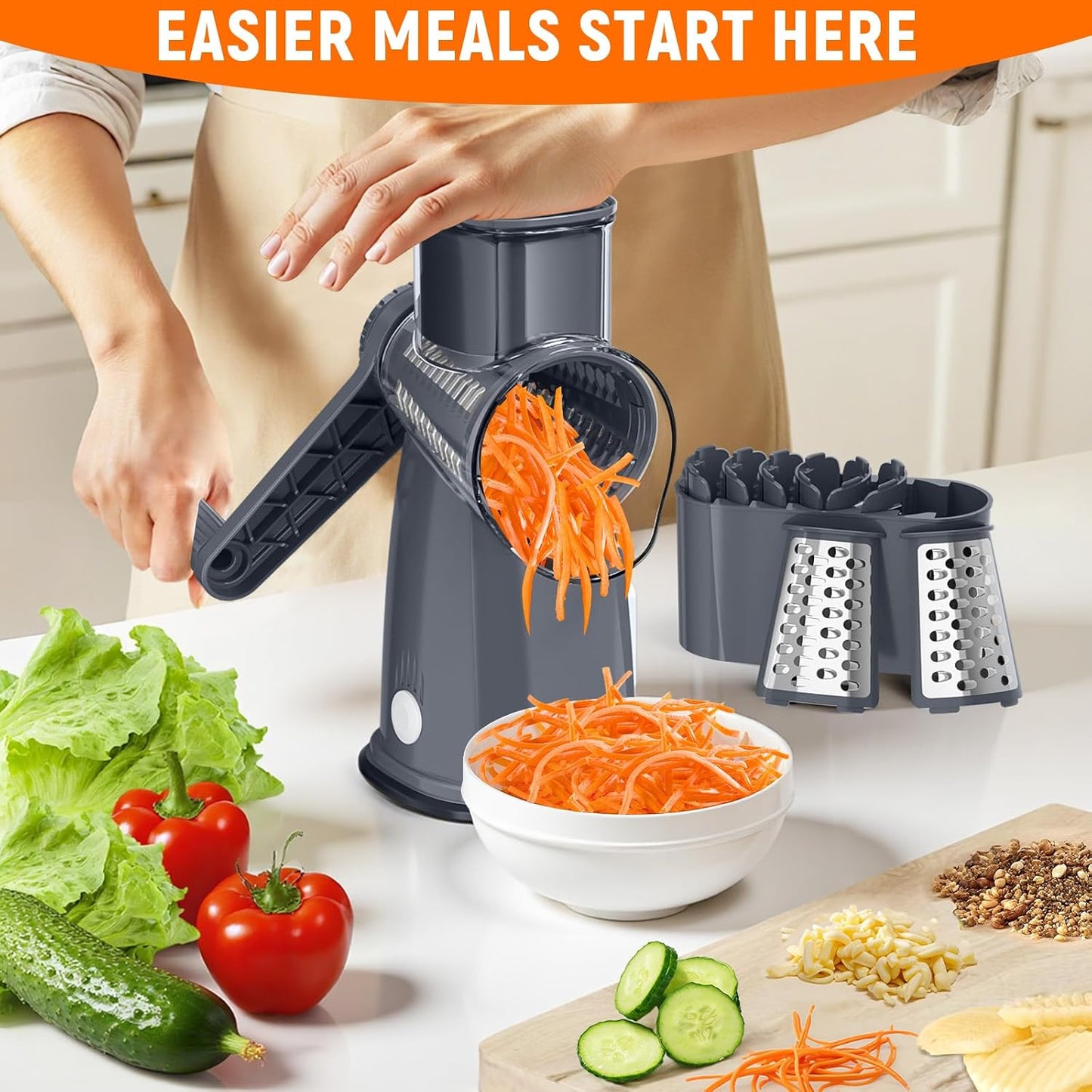 Rotary Cheese Grater Hand Crank with 5 Interchangeable Blades, Vegetable Slicer Chopper for Fruit Vegetable Nuts, Mandoline Slicer for Kitchen with Blades Rack & Suction Base, White