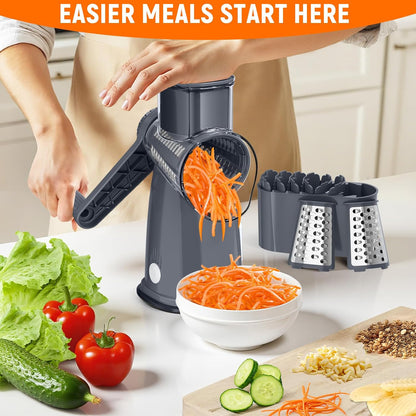 Rotary Cheese Grater Hand Crank with 5 Interchangeable Blades, Vegetable Slicer Chopper for Fruit Vegetable Nuts, Mandoline Slicer for Kitchen with Blades Rack & Suction Base, White