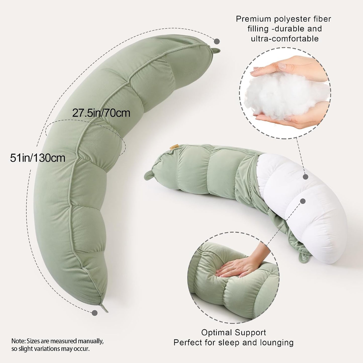 Peallow(Pat. Pend) – Long Round Body Pillow for Adults, Bolster Pillow for Sleeping, Soft and Supportive Pillow for Sleeping & Lumbar Support (Green-White, 29.5")