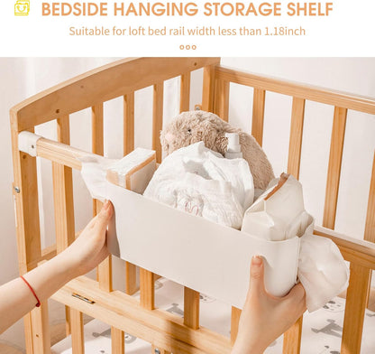 Bedside Hanging Caddy Hanging Storage Shelf Organizer Bed Organizer Basket Accessories with 2 Hooks for Baby Bed Rails Shelves Holder Dormitory College Dorm Room (White)