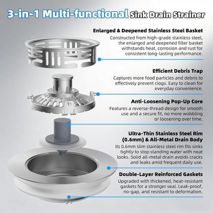 Hibbent 3 in 1 Kitchen Sink Drain Strainer, Metal Pop Up Stopper | Larger Anti-Clogging Basket, 3-Layer Seal, Detachable Sink Drain Plug for US Standard 3-1/2" Drain, Brushed Stainless Steel
