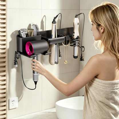 5 in 1 Hair Dryer Holder Hair Tool Organizer Metal Wall Mount (Black) | Curling iron and flat iron storage, Heavy-duty metal rack for styling tools, Cluttered countertops solution for space saving