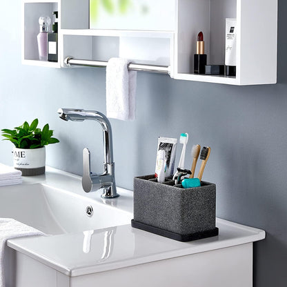 Marble Look Toothbrush Holder for Bathroom Countertop Organizer, Holds Toothpaste, Dental Floss, Razor, Comb, Makeup Brushes, and More, Stylish Bathroom Accessory for Tooth Brushing Essentials