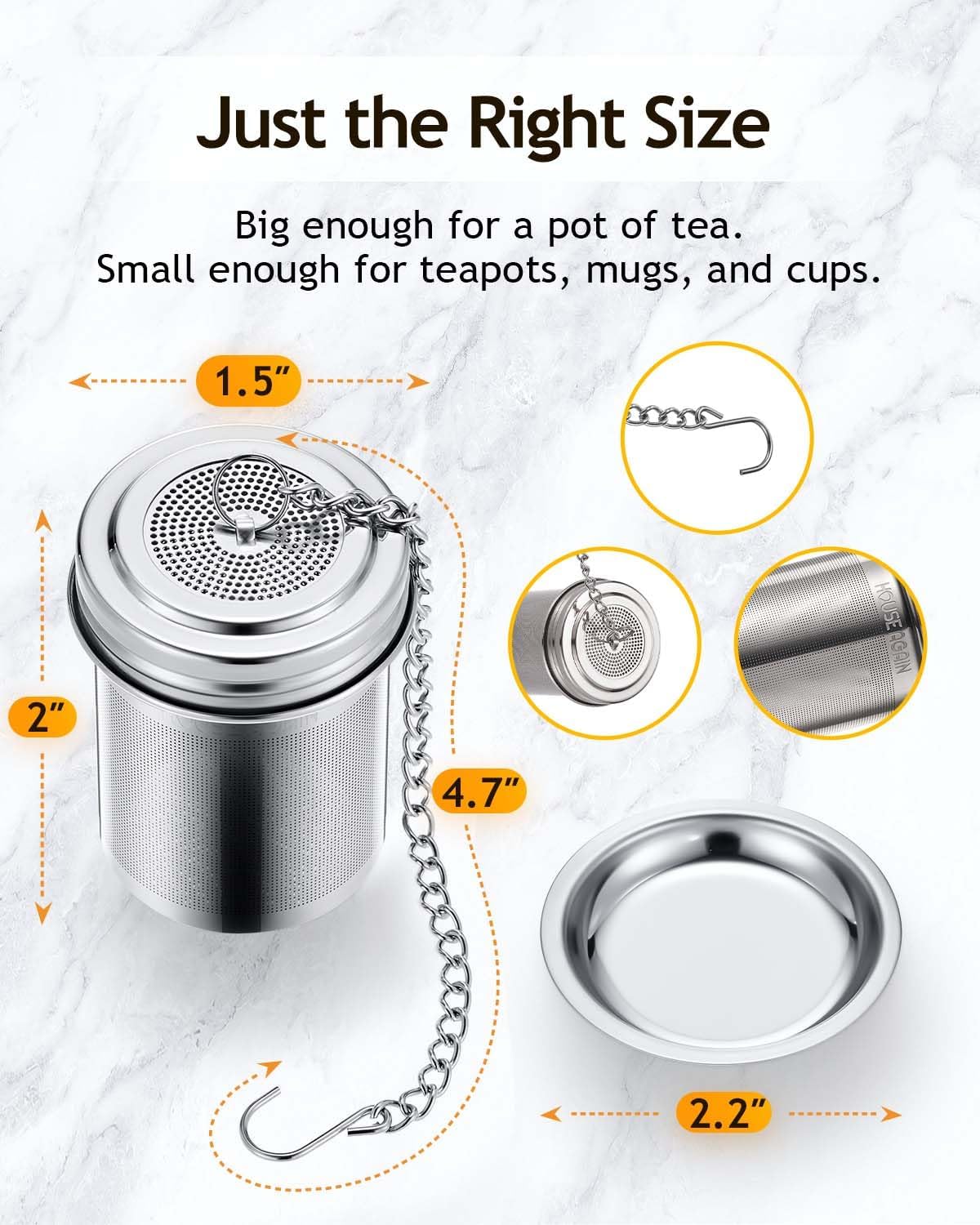 House Again Tea Infusers, Extra Fine Mesh Tea Strainers for Loose Tea, Updated Slim Threaded Lid & 304 Stainless Steel, Filter Bags Diffusers, Loose Leaf Tea Steeper for Brew Tea Spices & Seasonings