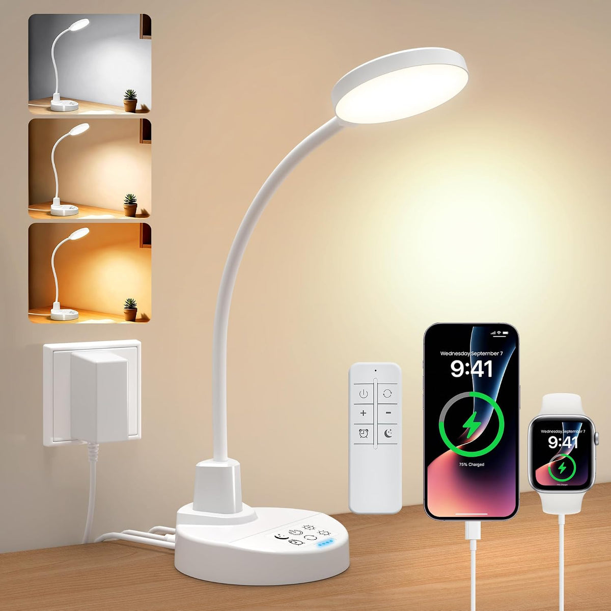 15W LED Desk Lamp with USB Charging Ports – Dimmable Table Lamp with 3 Color Temps, 5 Brightness, 4 Timers, Flexible Gooseneck Light with Base, Eye-Caring Reading Light for Home Office, Bedroom, Study