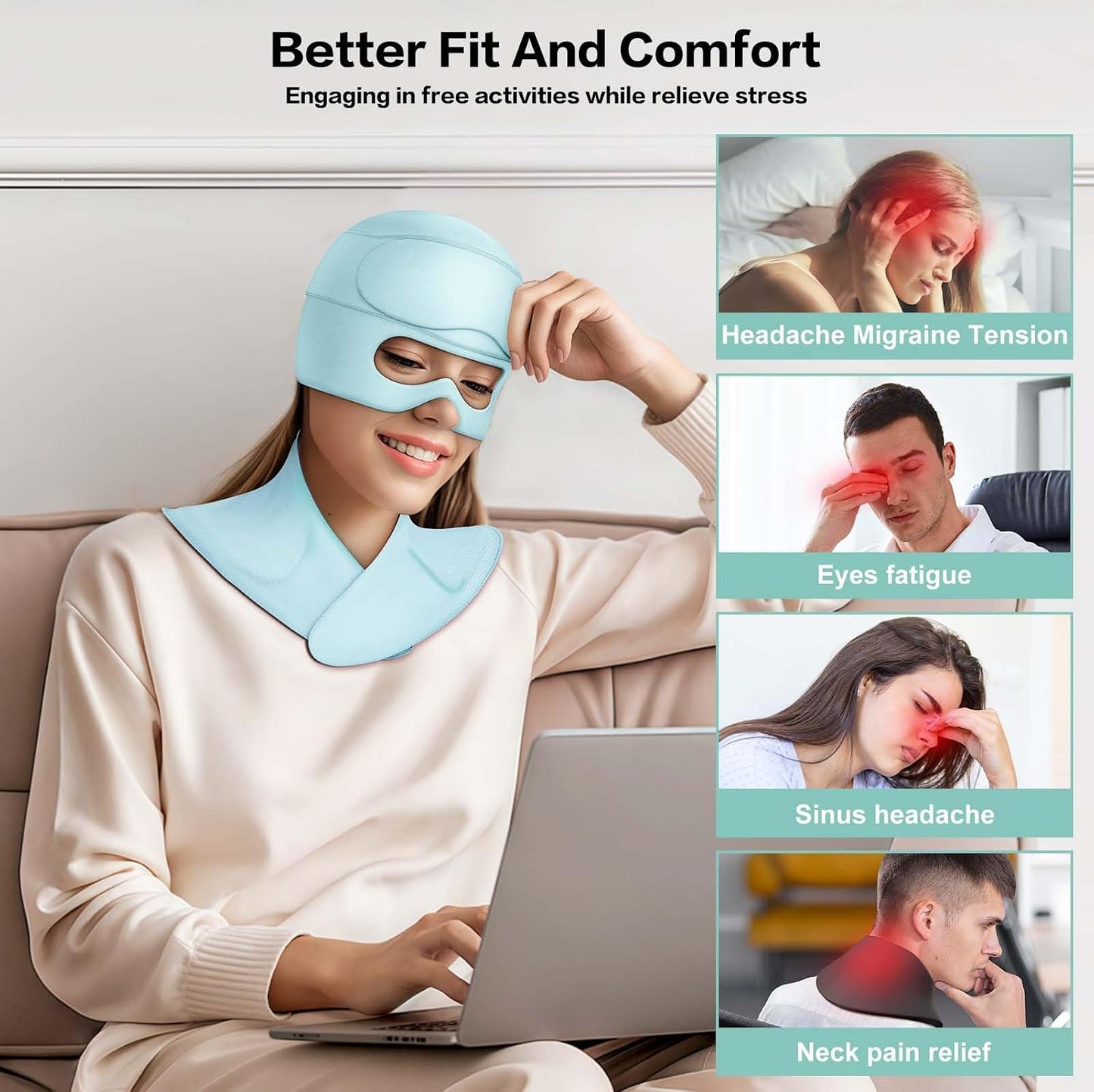 3 in 1 Migraine Relief Cap Neck Ice Pack Wrap Gel and Ice Eye Masks, Detachable Ice Caps with Eyes Masks, Hot and Cold Therapy for Relief of Headaches, Stiff Neck and Eye Fatigue (Purple)