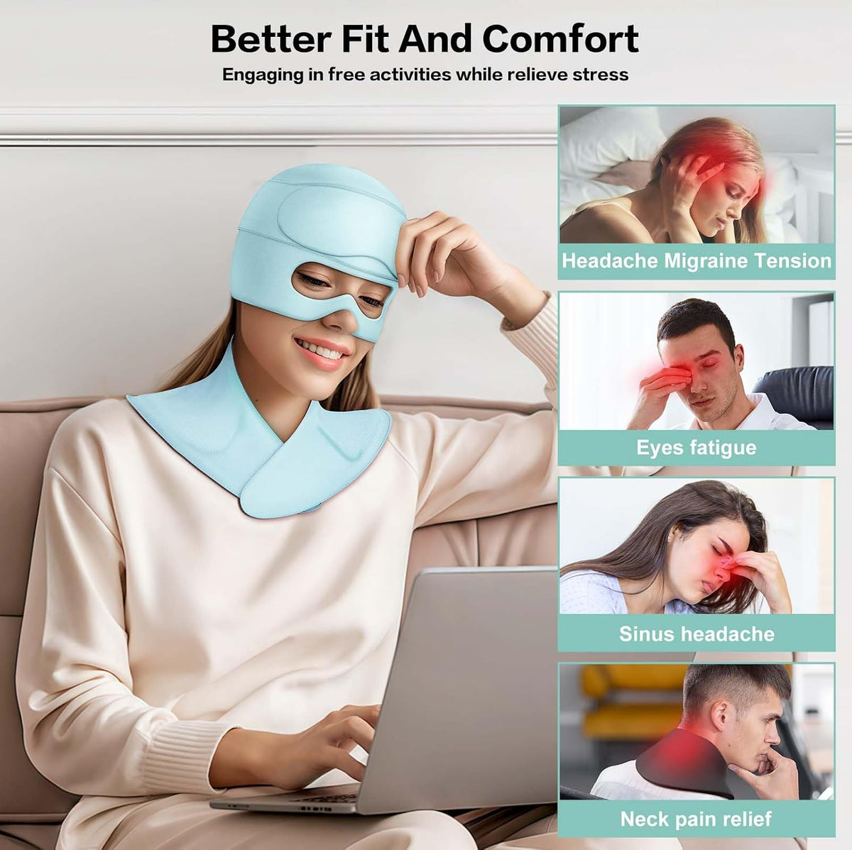 3 in 1 Migraine Relief Cap Neck Ice Pack Wrap Gel and Ice Eye Masks, Detachable Ice Caps with Eyes Masks, Hot and Cold Therapy for Relief of Headaches, Stiff Neck and Eye Fatigue (Purple)