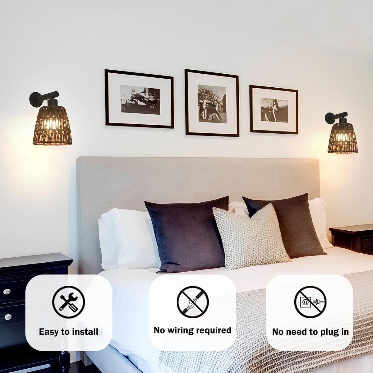 Boho Battery Operated Wall Sconces, Rattan Wall Sconce Set of 2 with Remote, RGB 15 Colors Dimmable Rechargeable Wall Light, Black Indoor Wireless Wall Lamp, Farmhouse Rattan Wall Lighting for Bedroom