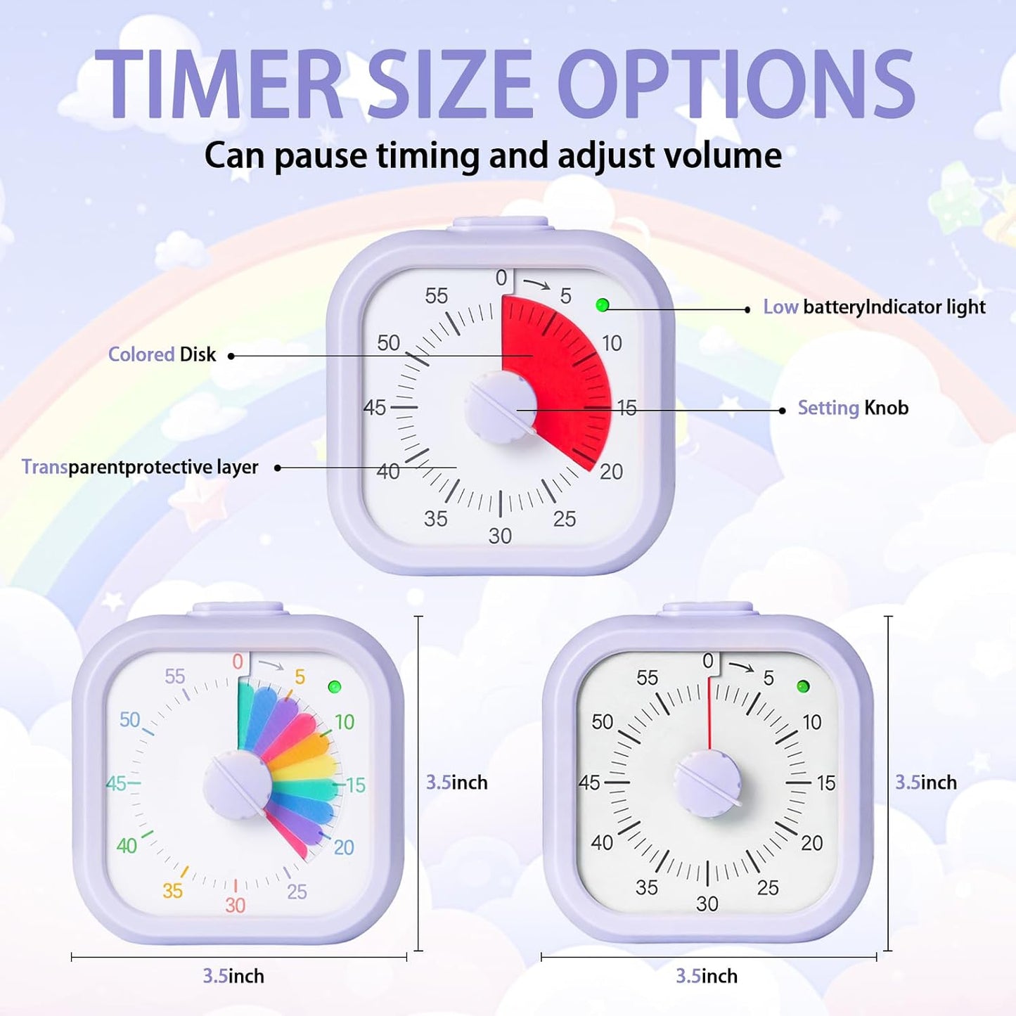 Visual Timer for Kids 60 Minute Countdown Timer Rainbow Disk Desk Timer Clock for Classroom Study Office Kitchen with Silent Operation (Purple)