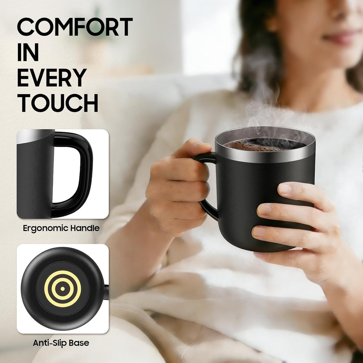 Smart Electric Heated Coffee Mug with Temperature Control, 5 Settings & Display, Auto Shut-Off, Fast Heating Warmer Set with Stainless Steel Coffee Mug (14oz-Black)