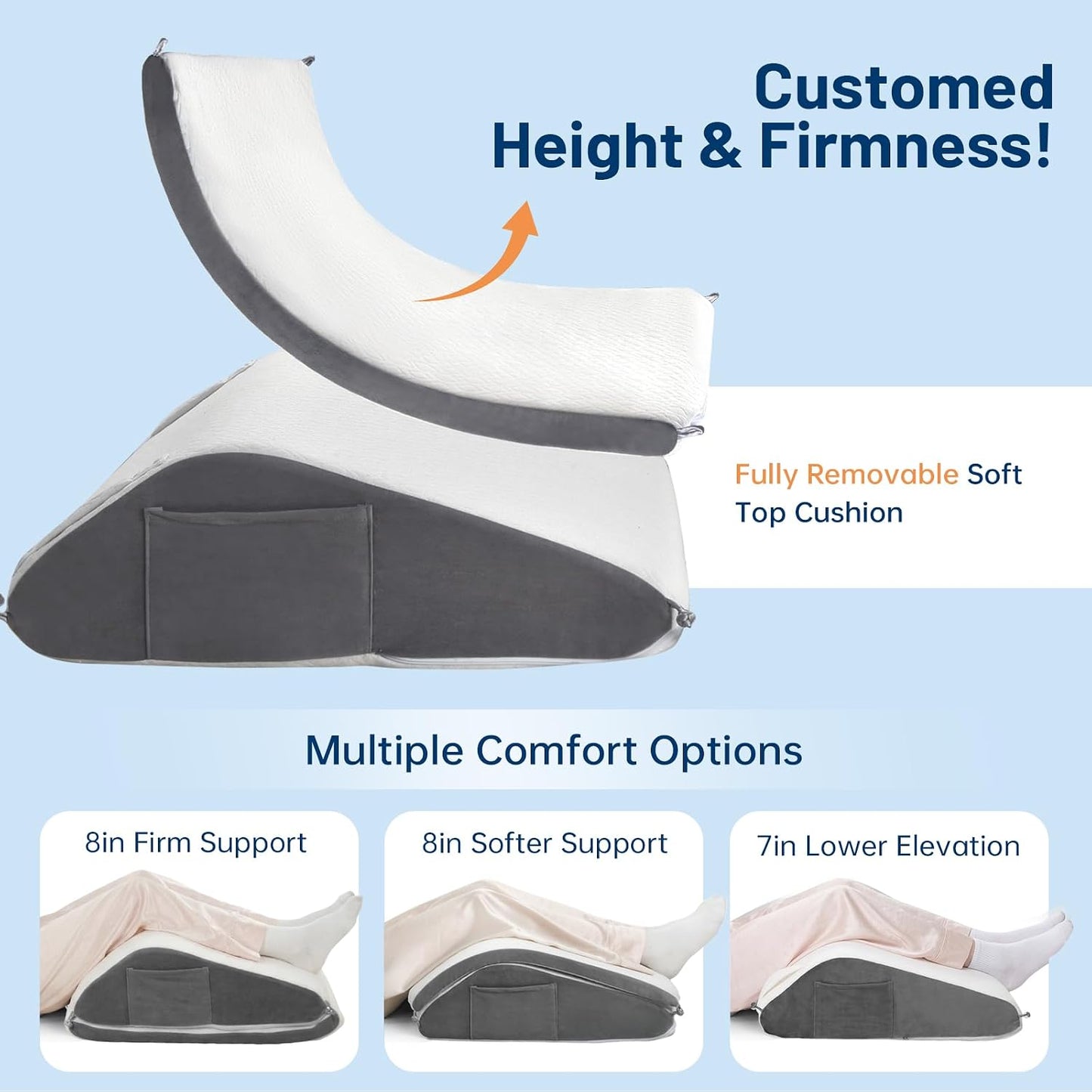 Vekkia Knee Wedge Pillow for Back Sleeping,Dual-Layer Adjustable Leg Pillow | Elevation Pillow with Dual Handles, idea for Legs Post-Surgery, Knee Support, Lower Back Pain Relief, Blood Circulation