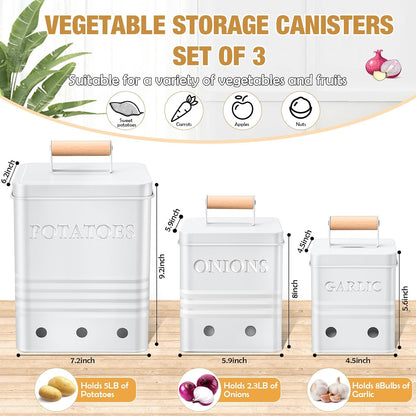 3 Pcs Potato Onion Garlic Storage Bin Metal Vegetable Keeper Container with Lid Aerating Hole Farmhouse Style for Kitchen Counter Pantry Sweet-potato Carrot Fruit Keep Fresh Longer (White)