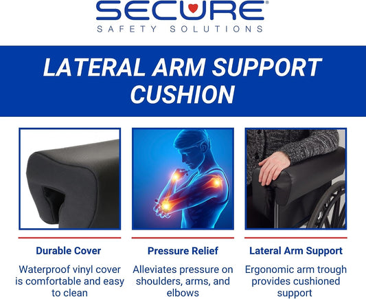 Secure Safety Solutions Wheelchair Armrest Lateral Support Cushion | High Density Comfort Foam Arm Trough, Stabilizing Positioning Pad, Pressure Relief, Durable Waterproof Vinyl, Left/Right Fit