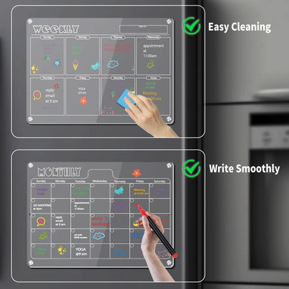 Hivillexun 16.5"x12" Clear Acrylic Magnetic Dry Erase Calendar Board with Monthly & Weekly Planner, 6 Markers & Large Eraser for Fridge, Office, Home (White)