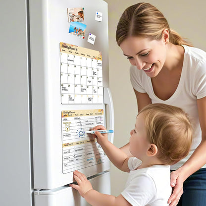 Refrigerator Calendar Magnetic, 16.3x11.7” (4-Pack) – Weekly & Monthly Planner, Chore Chart, Grocery/to-Do List for Fridge, Includes 8 Markers, 6 Magnets & 1 Eraser for Kitchen, Yellow