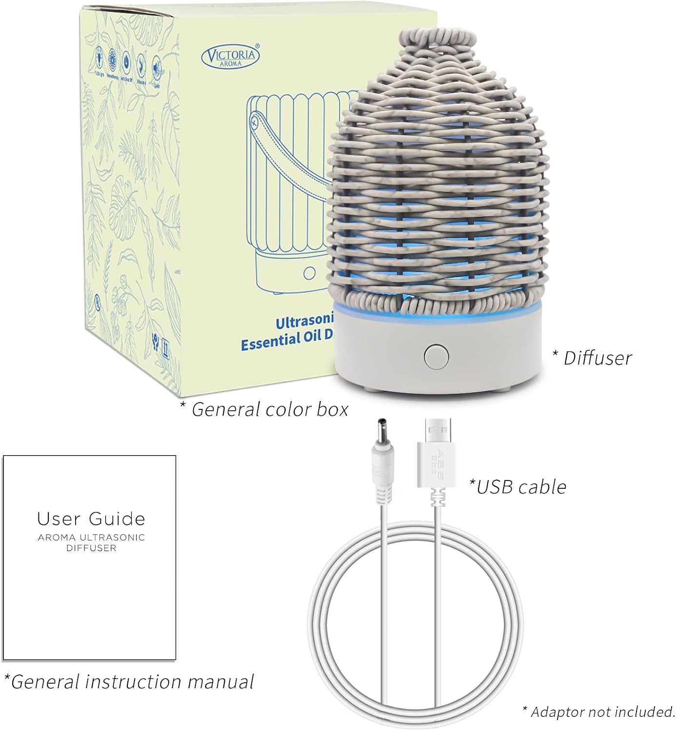 VICTORIA AROMA Essential Oil Diffuser - Multifunction Aromatherapy Diffuser 7 LED Color Changing Light 100ML Rattan Diffuser Easy to Clean Suitable for Home,Office (Tan)