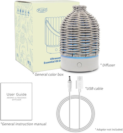VICTORIA AROMA Essential Oil Diffuser - Multifunction Aromatherapy Diffuser 7 LED Color Changing Light 100ML Rattan Diffuser Easy to Clean Suitable for Home,Office (Tan)