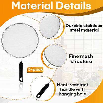 8'' Splatter Screen for Frying Pan,Stainless Steel Grease Splatter Guard | with Fine Mesh and Heat-Resistant Handle, Kitchen Oil Splash Guard for Cooking and Frying