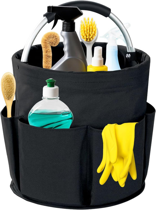 Cleaning Caddy with Handle, 17L Foldable Cleaning Supplies Organizer, Portable Storage Basket, Cleaning Supply Caddy, Multifunctional Cleaning Bucket Bag for Garden, Home, Kitchen (Black)