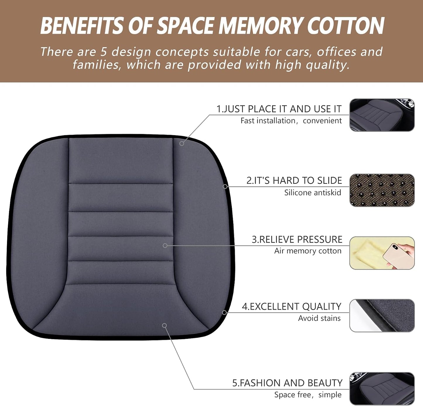 Car Seat Cushion Pad 1.2" Thick Comfort Seat Protector for Car Driver Seat Office Chair Home Use Memory Foam Seat Cushion with Non Slip Bottom, 20'' x 18.5'', Black
