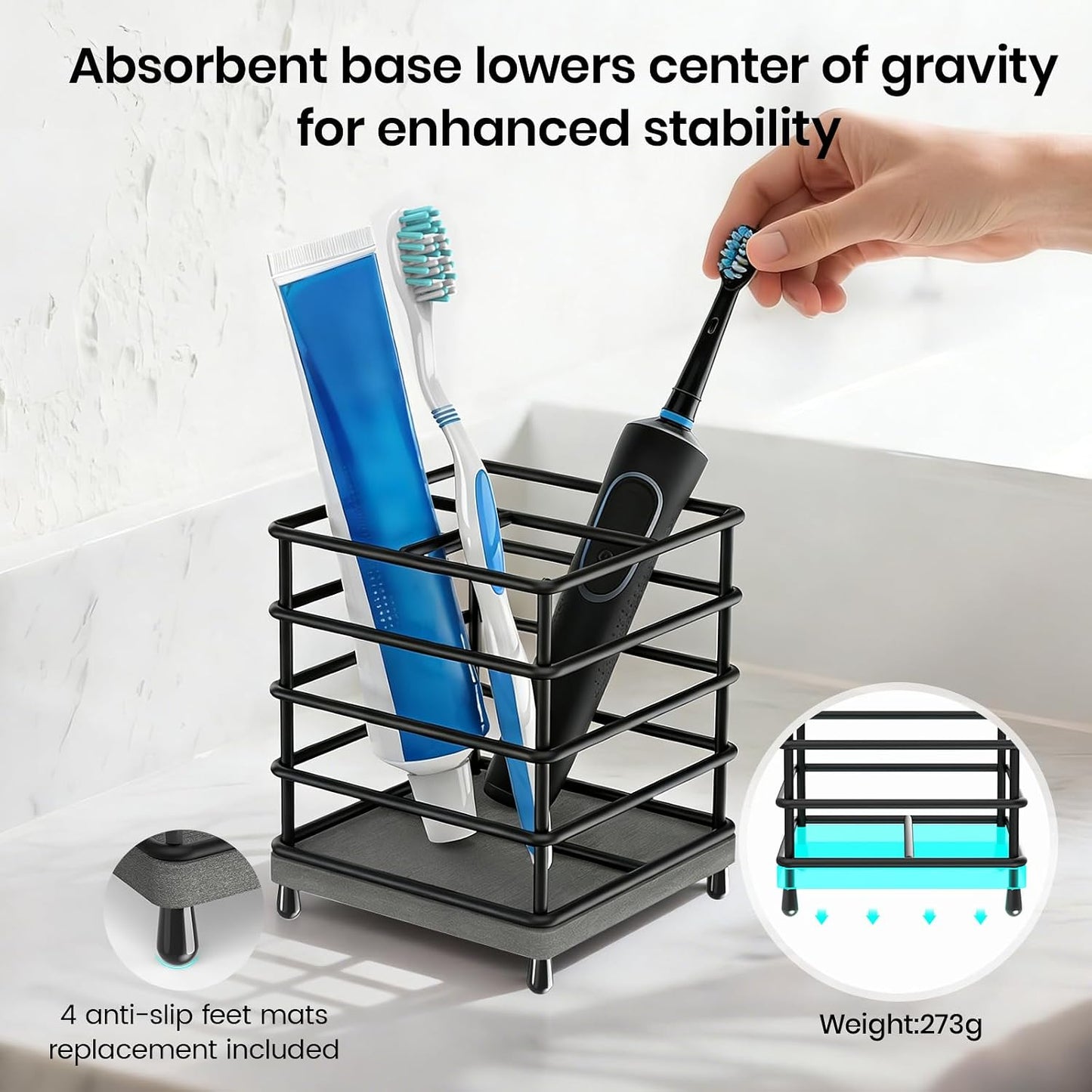 Toothbrush Holder with Quick Drying Mat—Toothbrush and Toothpaste Holders for Bathrooms—5 Slots Openwork Design Black Toothbrush Holder Set,Bathroom Counter Organizer for Electric Toothbrush