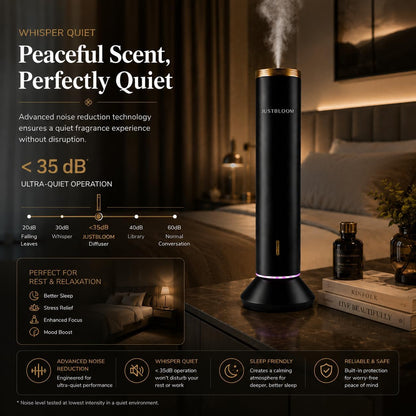 JUSTBLOOM Hotel Essential Oil Diffuser, Waterless Fragrance Diffuser | Up to 4000 Sq Ft: Smart App Control, Cold Air Diffusion, ,360° Ambient Light, Auto Shut-Off, Premium Aluminum Design