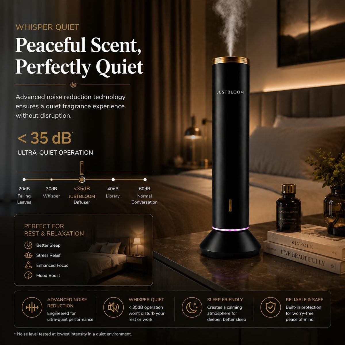 JustBloom Waterless Essential Oil Diffuser, 4000 Sq Ft, App Control, Black