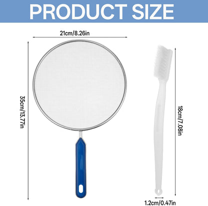 Splash Guard for Frying Pan, 8 Inch Stainless Steel Oil Splatter Pan | Splatter Guard with Nylon Brush Fine Mesh for Pan Cooking Supplies Shield from Splashing Oil