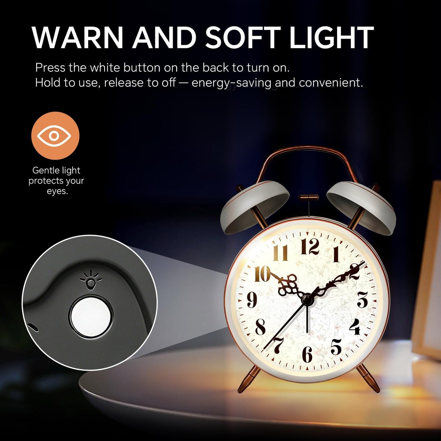 4.5" Metal Loud Alarm Clock for Heavy Sleepers Adults, Analog Battery Operated Alarm Clock with Bells Glow in Dark Numbers, Silent Old School Bedside Desk Clock for Bedroom Office Kids, Black