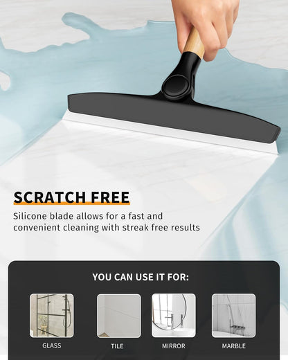 MR.SIGA Silicone Squeegee for Shower Door, Mirror, Glass, 10 inch, White | Streak free shower squeegee for windows, showers and glass surfaces, pivoting bamboo handle, includes 1 suction hook