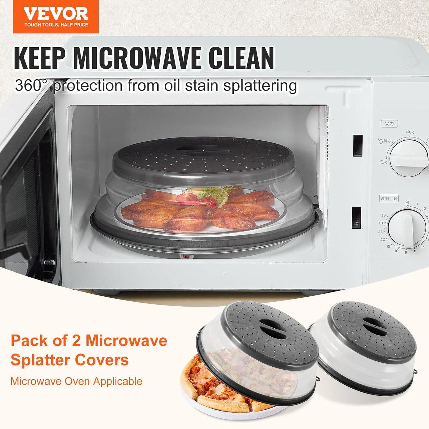VEVOR Microwave Splatter Cover & Mat, 10.8" Collapsible Microwave Lid for Food, 500°F Heat-Resistant Silicone & Tempered Glass Splatter Guard for Plate Dish, Multi-Purpose Kitchen Gadget with Handle