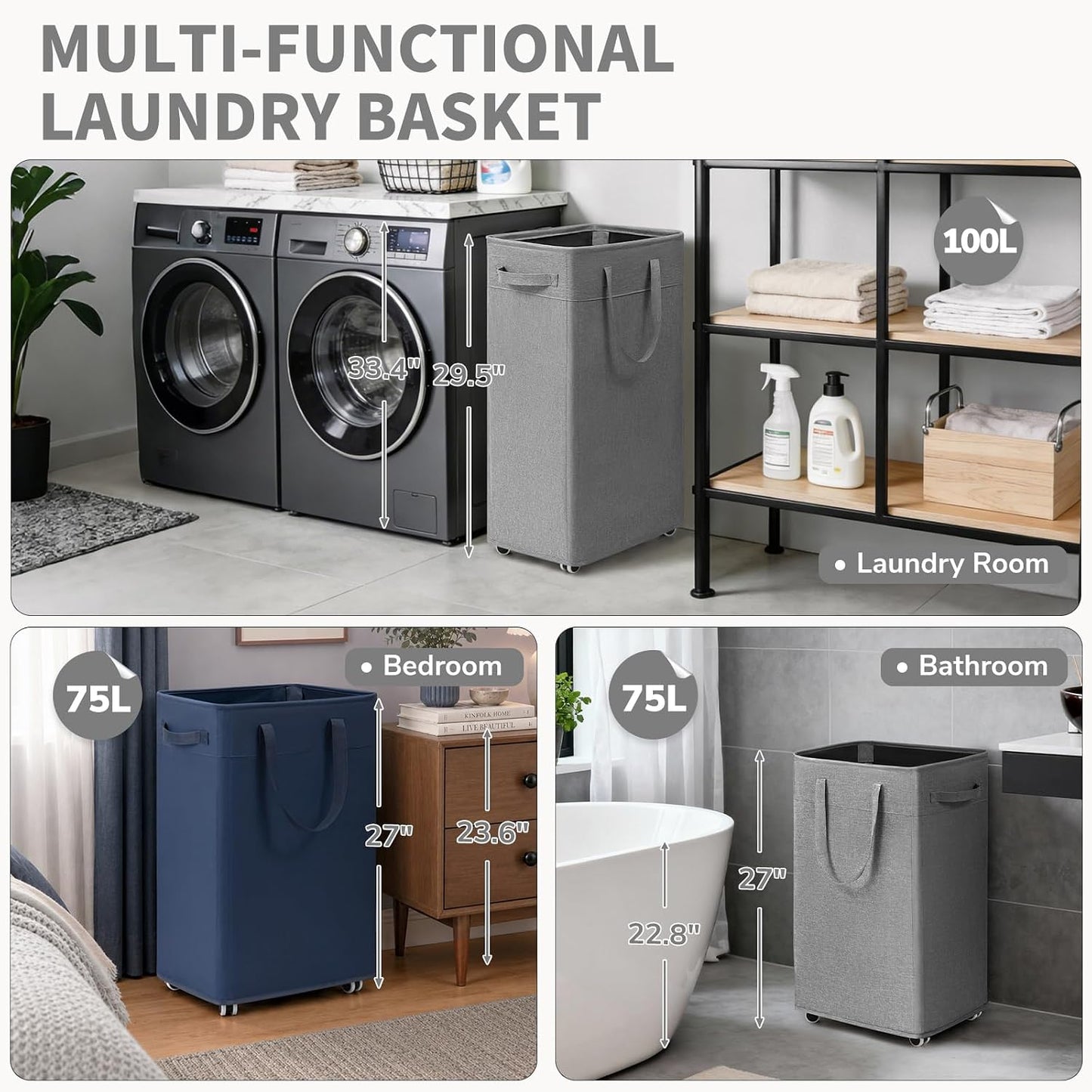 CHICVITA 75L Large Rolling Laundry Basket with Wheels & Wash Bag, Grey | Collapsible design saves space for corner dorms. Removable wash bag for easy laundry transport
