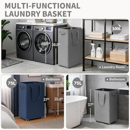CHICVITA 75L Large Rolling Laundry Basket with Wheels & Wash Bag, Grey | Collapsible design saves space for corner dorms. Removable wash bag for easy laundry transport