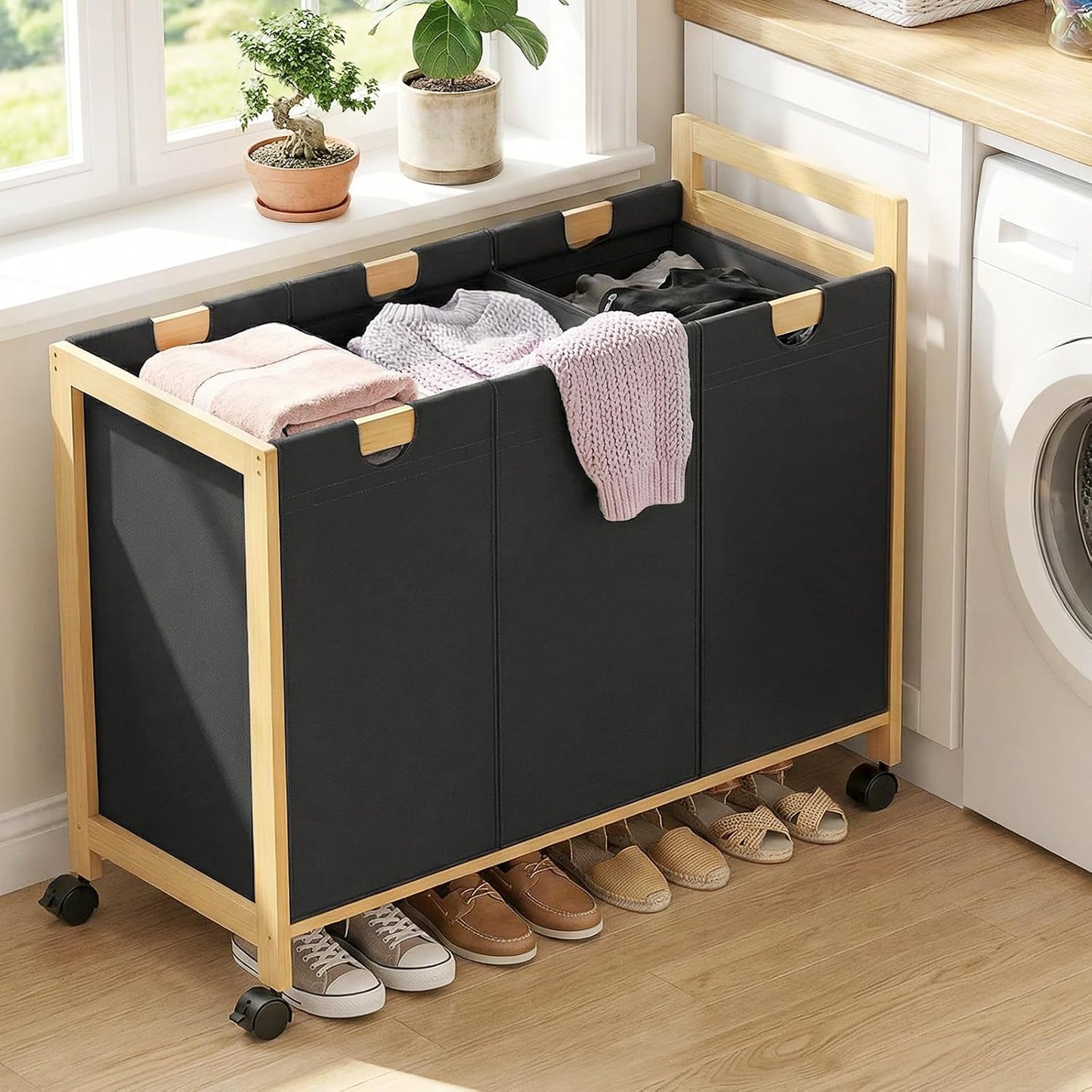 250L Laundry Sorter with Wheels, 3-Section Laundry Hamper, Black | 66 Gal Large Laundry Cart with Removable Bags, Rolling Laundry Basket, Water-Resistant, Bamboo Frame, Laundry Room Organizer