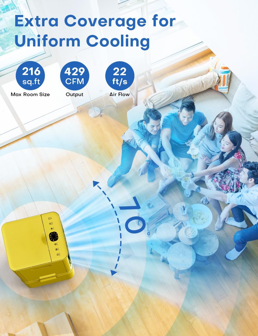 Portable Air Conditioners 4 Modes&3 Speeds,4 Ice Packs, Waterless Alert System, 12H Timer, Remote,1 Gal Detachable Water Tank, 70°Oscillation Windowless Evaporative Air Cooler for Room Office