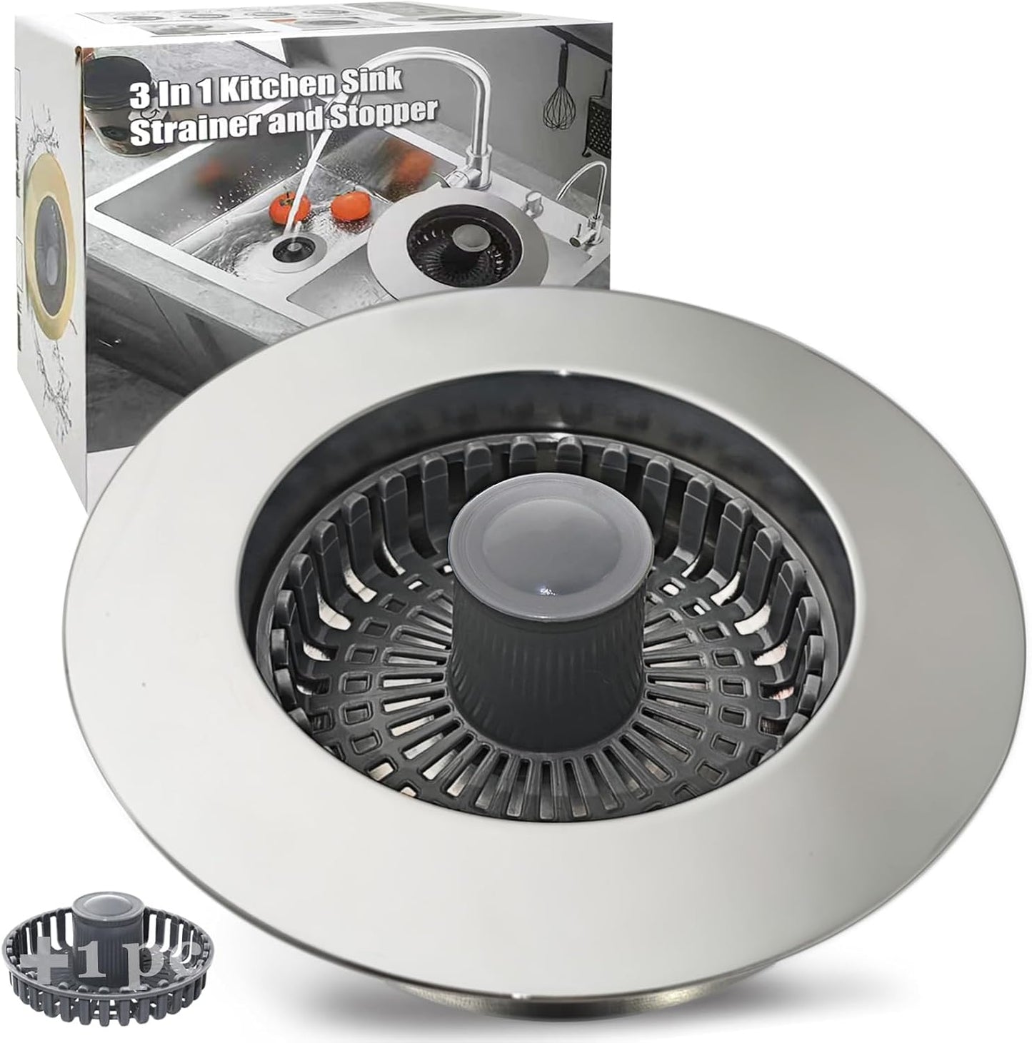 Anlige Kitchen Sink Drain Strainer, 3 in 1 Pop Up Kitchen Sink Stopper, with An Extra Basket Strainer, Universal for US Standard 3-1/2 Inch, Chrome Silver