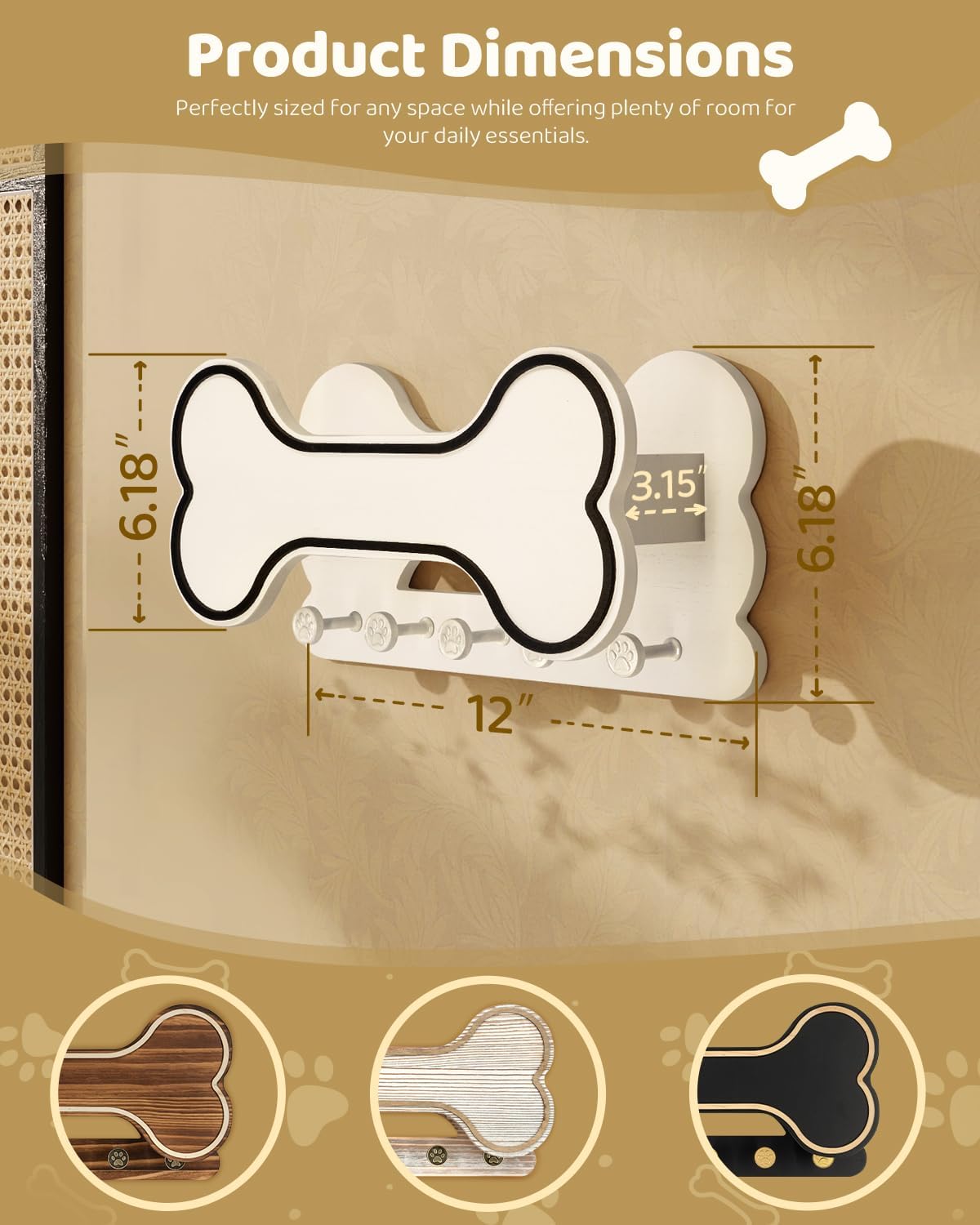 MTERSN Dog Leash Holder for Wall with Key Hooks for Dog Gear Storage, Brown | 3D Puppy Paw Hooks, Doggie Bone Shape, Key Rack with 5 Hooks, Wall Shelf for Treats & Dog Food, Ideal for Wall Decor