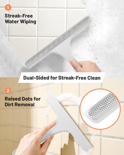 2-in-1 Silicone Shower Squeegee with Hook,Dual-Sided Design with Scraper & Scrub Surface,Rust-Proof Stainless Core,Streak-Free Bathroom Squeegee for Glass Doors,Mirrors,Windows,Car Windshields (Black)